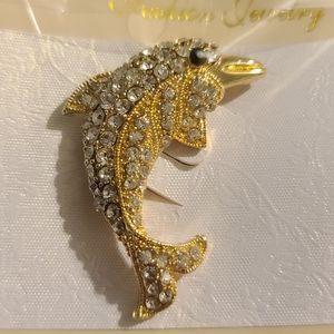 Gold-tone crystal dolphin broach lapel pin